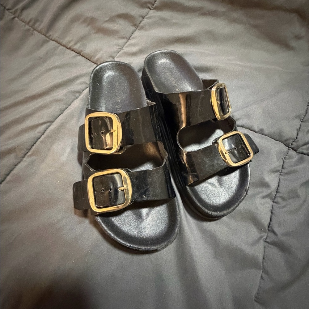 Stylish Black womens Sandals with Gold Buckles